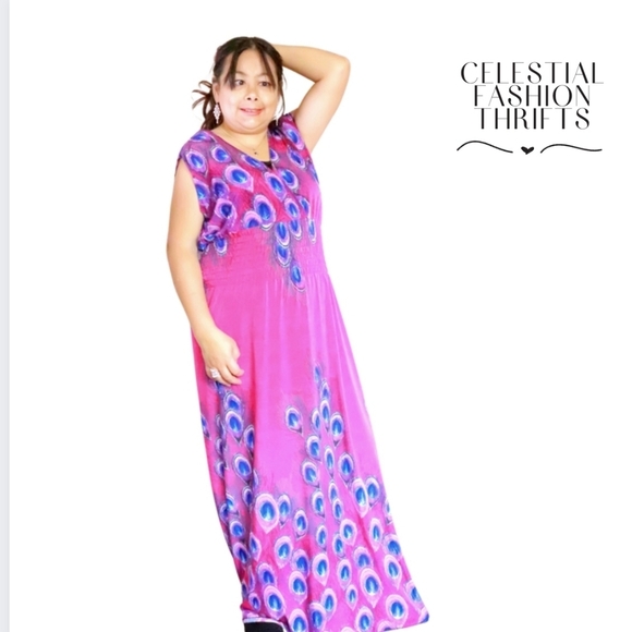 PINK BLUE & PURPLE FLAMINGO MAXI SUMMER DRESS XL - Picture 8 of 9